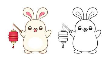söt kanin innehav en kinesisk lykta översikt tecknad serie illustration. kinesisk zodiaken djur, år av de kanin 2023, ny år och mitten höst måne festival färg bok sida kalkylblad för ungar. vektor
