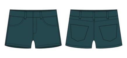 Denim-Shorts mit Taschen technische Skizze. dunkelgrüne Farbe. Designvorlage für Kinder-Jeans-Shorts. vektor