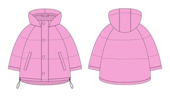 överdimensionerad raglan puffer vinter- ner täcka teknisk skiss. rosa Färg. kvinnors kviltning jacka design mall. vektor