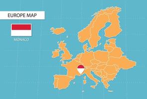 Monaco Karta i Europa, ikoner som visar Monaco plats och flaggor. vektor