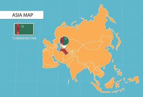 Turkmenistan-Karte in Asien, Symbole mit Standort und Flaggen von Turkmenistan. vektor