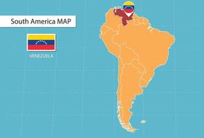 venezuela-karte in amerika, symbole, die venezuela-standort und flaggen zeigen. vektor