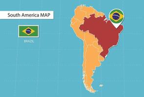 brasilienkarte in amerika, symbole, die brasilienstandort und flaggen zeigen. vektor
