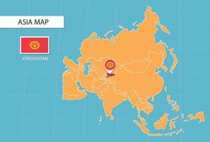 kyrgyzstan Karta i Asien, ikoner som visar kyrgyzstan plats och flaggor. vektor