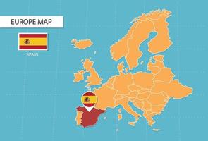 spanienkarte in europa, symbole, die spanienstandort und flaggen zeigen. vektor