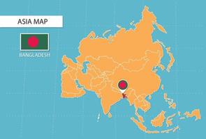 Bangladesch-Karte in Asien, Symbole, die den Standort und die Flaggen von Bangladesch zeigen. vektor