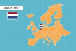 niederländische karte in europa, symbole, die den standort und die flaggen der niederlande zeigen. vektor