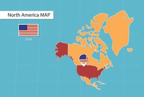 USA Karta i Amerika, ikoner som visar USA plats och flaggor. vektor