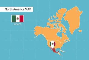 mexiko-karte in amerika, symbole, die den mexiko-standort und die flaggen zeigen. vektor