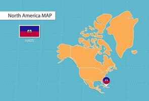Haiti-Karte in Amerika, Symbole, die den Standort und die Flaggen von Haiti zeigen. vektor