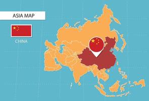 Kina Karta i Asien, ikoner som visar Kina plats och flaggor. vektor