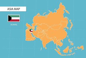 Kuwait-Karte in Asien, Symbole, die den Standort und die Flaggen von Kuwait zeigen. vektor