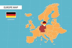 deutschlandkarte in europa, symbole, die deutschlands standort und flaggen zeigen. vektor
