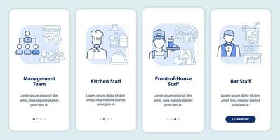 Einstellung von Restaurantmitarbeitern hellblauer Onboarding-Bildschirm für die mobile App vektor