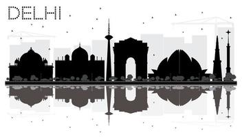 Delhi City Skyline Schwarz-Weiß-Silhouette mit Reflexionen. vektor