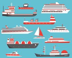 Schiffe gesetzt. Öltanker, Yachten, Massengutfrachter, Gastanker und Passagierkreuzfahrtschiffe. vektor