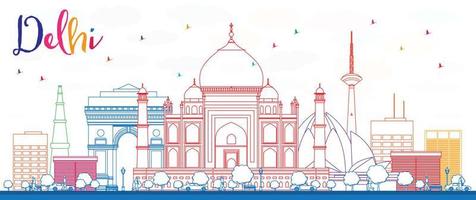 skizzieren sie die skyline von delhi mit farbigen gebäuden. vektor