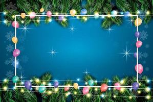 jul hälsning kort med ballonger, vit ram, neon krans och gran grenar. vektor