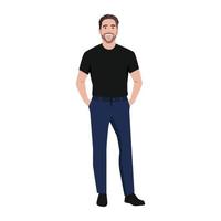 skäggig man i med muskulös kropp i stående utgör med både hans händer inuti ficka. full längd vektor illustration