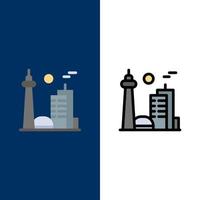 byggnad kanada stad känd stad toronto ikoner platt och linje fylld ikon uppsättning vektor blå bakgrund