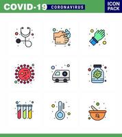 Das mit Coronavirus 9 gefüllte flache Farbsymbol zum Thema Corona-Epidemie enthält Symbole wie Krankenwagen-Virushandschuh-Covid-Bakterien virales Coronavirus 2019nov-Krankheitsvektor-Designelemente vektor