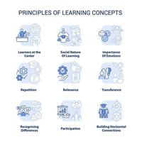 Prinzipien des Lernens hellblauer Konzeptsymbole festgelegt vektor