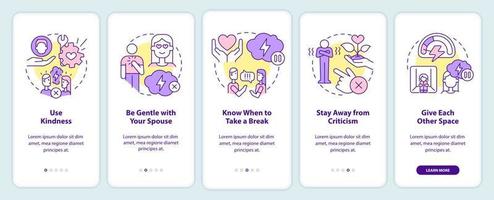 fixering äktenskap onboarding mobil app skärm. vara mild med make genomgång 5 steg redigerbar grafisk instruktioner med linjär begrepp. ui, ux, gui mall. vektor