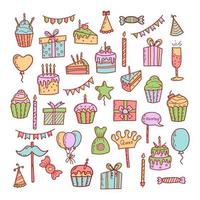 födelsedag hälsning fest dekorationer. gåvor presenterar, cupcakes, firande kaka vektor