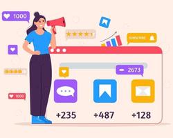 social media marknadsföring begrepp med kvinna med megafon och ikoner av smm. ung kvinna hantera smm strategi processer. platt vektor illustration.