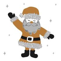 weihnachten traditionelle lustige zeichentrickfigur weihnachtsmann begrüßt mit erhobener hand auf weißem hintergrund und gold-, silber- und schwarzen farben. vektorillustration, im skandinavischen handgezeichneten stil vektor