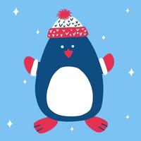 weihnachtssüßer pinguin in einer strickmütze und handschuhen auf blauem hintergrund mit schneeflocken im skandinavischen handgezeichneten stil. vektorillustration, geeignet für eine grußkarte oder ein banner vektor