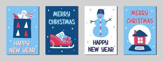 weihnachts- und neujahrsgrußkarten im skandinavischen gekritzelstil, klassische blaue, rosa und weiße farben. Vektorillustrationen auf Lager mit Symbolen des Urlaubs - Geschenk, Schlitten, Lebkuchenmann, Schneemann vektor