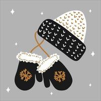 weihnachtliche traditionelle wintermütze und fäustlinge mit schneeflocken im skandinavischen handgezeichneten stil - gold, silber, schwarz. Vektorillustration, einfaches Objekt, quadratisches Format. geeignet für soziale Medien vektor