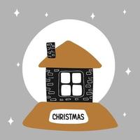 Schneekugel der frohen Weihnachten mit einem gemütlichen Haus innen auf einem weißen Hintergrund im skandinavischen handgezeichneten Stil und in den Farben Gold, Silber, Schwarz. Vektorillustration, ein einfaches Objekt, quadratisches Format. vektor