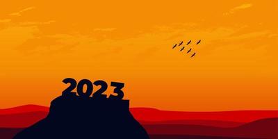 frohes neues jahr 2023 mit großen silhouettenbuchstaben auf dem berg mit einem wunderschönen sonnenuntergang für erfolgskonzept. Neujahrskonzept vektor