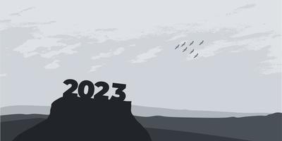 frohes neues jahr 2023 mit großen silhouettenbuchstaben auf dem berg mit einem wunderschönen sonnenuntergang für erfolgskonzept. Neujahrskonzept vektor