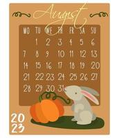 kalender für den monat mit kaninchen für 2023. kaninchen im august. Kalendermonat für den Druck auf Papier und Textilien. Banner, Flugblatt, Postkarte. vektor