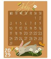 kalender für den monat mit kaninchen für 2023. kaninchen im juli. Kalendermonat für den Druck auf Papier und Textilien. Banner, Flugblatt, Postkarte. vektor