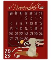 kalender für den monat mit kaninchen für 2023. kaninchen im november. Kalendermonat für den Druck auf Papier und Textilien. Banner, Flugblatt, Postkarte. vektor
