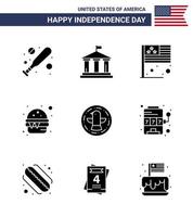 glücklicher unabhängigkeitstag usa paket mit 9 kreativen soliden glyphen der feier amerikanische landmahlzeit schnell editierbare usa-tag-vektordesignelemente vektor