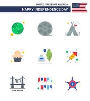 4:e juli USA Lycklig oberoende dag ikon symboler grupp av 9 modern flats av fjäder firande tält fri ljuv kaka redigerbar USA dag vektor design element