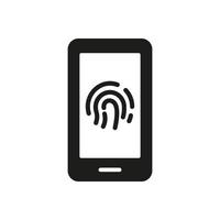 Fingerabdruck-Identifikation im Handy-Silhouette-Symbol. Touch-ID im Handy-Glyphen-Piktogramm. Fingerabdruckscanner auf Smartphone-Schild. biometrisches Identitätssymbol. isolierte Vektorillustration. vektor