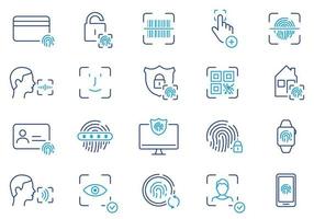 Symbolsatz für die biometrische Identifikationslinie. Gesichts-ID, Touch-ID-Farbpiktogramme. Fingerabdruck, Gesichtskennwort-Umrisssymbol. Sicherheitscheck. editierbarer Strich. isolierte Vektorillustration. vektor