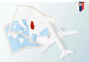 resa till Serbien, topp se flygplan med Karta och flagga av serbien. vektor