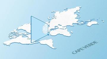Weltkarte im isometrischen Stil mit detaillierter Karte von Kap Verde. hellblaue kap-verde-karte mit abstrakter weltkarte. vektor