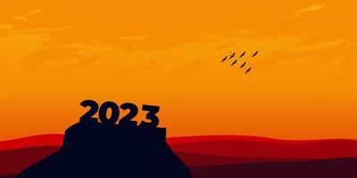 frohes neues jahr 2023 mit großen silhouettenbuchstaben auf dem berg mit einem wunderschönen sonnenuntergang für erfolgskonzept. Neujahrskonzept vektor