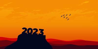 frohes neues jahr 2023 mit großen silhouettenbuchstaben auf dem berg mit einem wunderschönen sonnenuntergang für erfolgskonzept. Neujahrskonzept vektor