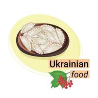 ett av de maträtter av nationell ukrainska kök, kokt deg med fyllning, platt vektor, isolera på vit, inskrift ukrainska mat, klistermärke, viburnum gren vektor