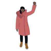 Ein schwarzes Mädchen in einer langen roten Winterjacke steht mit erhobener Hand, flacher Vektor, isoliert auf Weiß, Protest, gesichtslose Illustration vektor