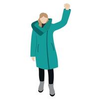 Ein Mädchen in einer langen grünen Winterjacke steht mit erhobener Hand, flacher Vektor, isoliert auf Weiß, Protest, gesichtslose Illustration vektor